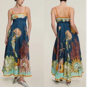 Alémais Dorian Blue Jellyfish Linen Midi Dress
